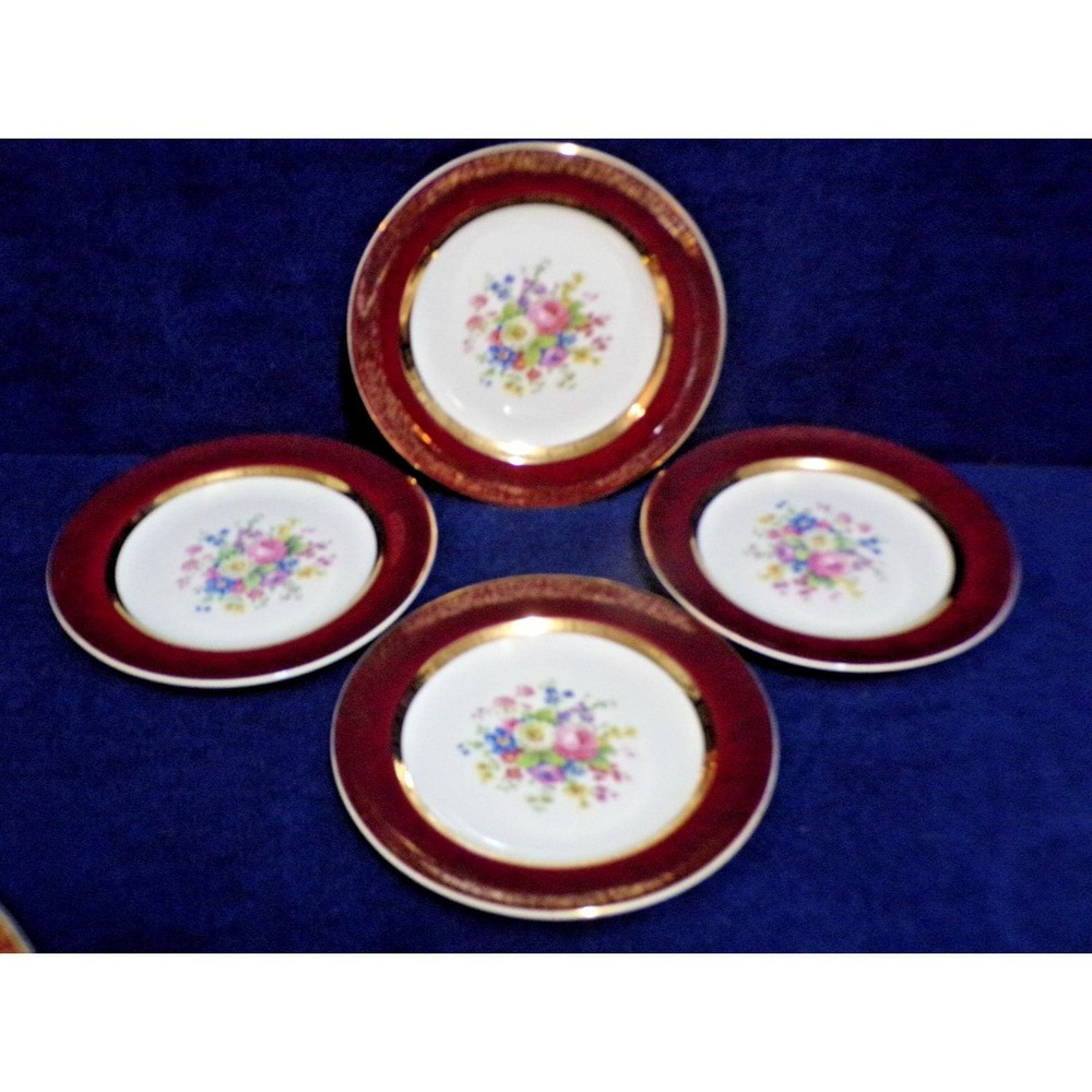 Salem China "Century" Aristocrat Maroon 22K Gold Flowers Salad Plates 4 Vintage